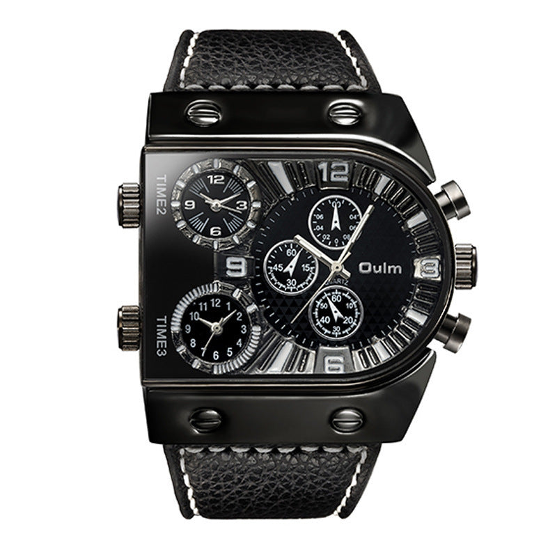 Men's Double Display Watch Men's Quartz Wristwatch in black and orange with triple time zones and textured leather strap. Bold, multifunctional design.