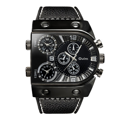 Men's Double Display Watch Men's Quartz Wristwatch in black and orange with triple time zones and textured leather strap. Bold, multifunctional design.