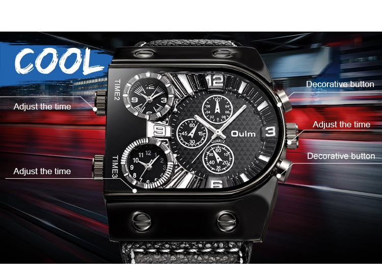 Men's Double Display Watch Men's Quartz Wristwatch in black and orange with triple time zones and textured leather strap. Bold, multifunctional design.