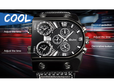 Men's Double Display Watch Men's Quartz Wristwatch in black and orange with triple time zones and textured leather strap. Bold, multifunctional design.