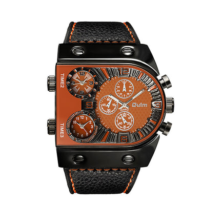 Men's Double Display Watch Men's Quartz Wristwatch in black and orange with triple time zones and textured leather strap. Bold, multifunctional design.