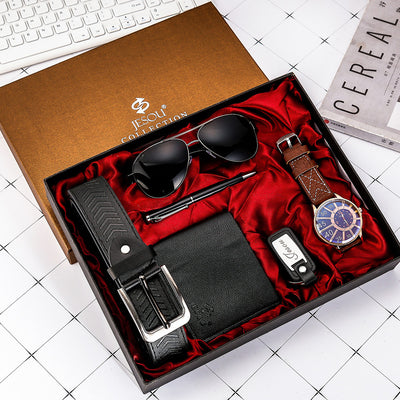 Stylish Men Wrist Watch Wallet Men's Accessory Gift Set featuring a blue dial wristwatch, black wallet, sunglasses, belt, and keychain in a red satin box.