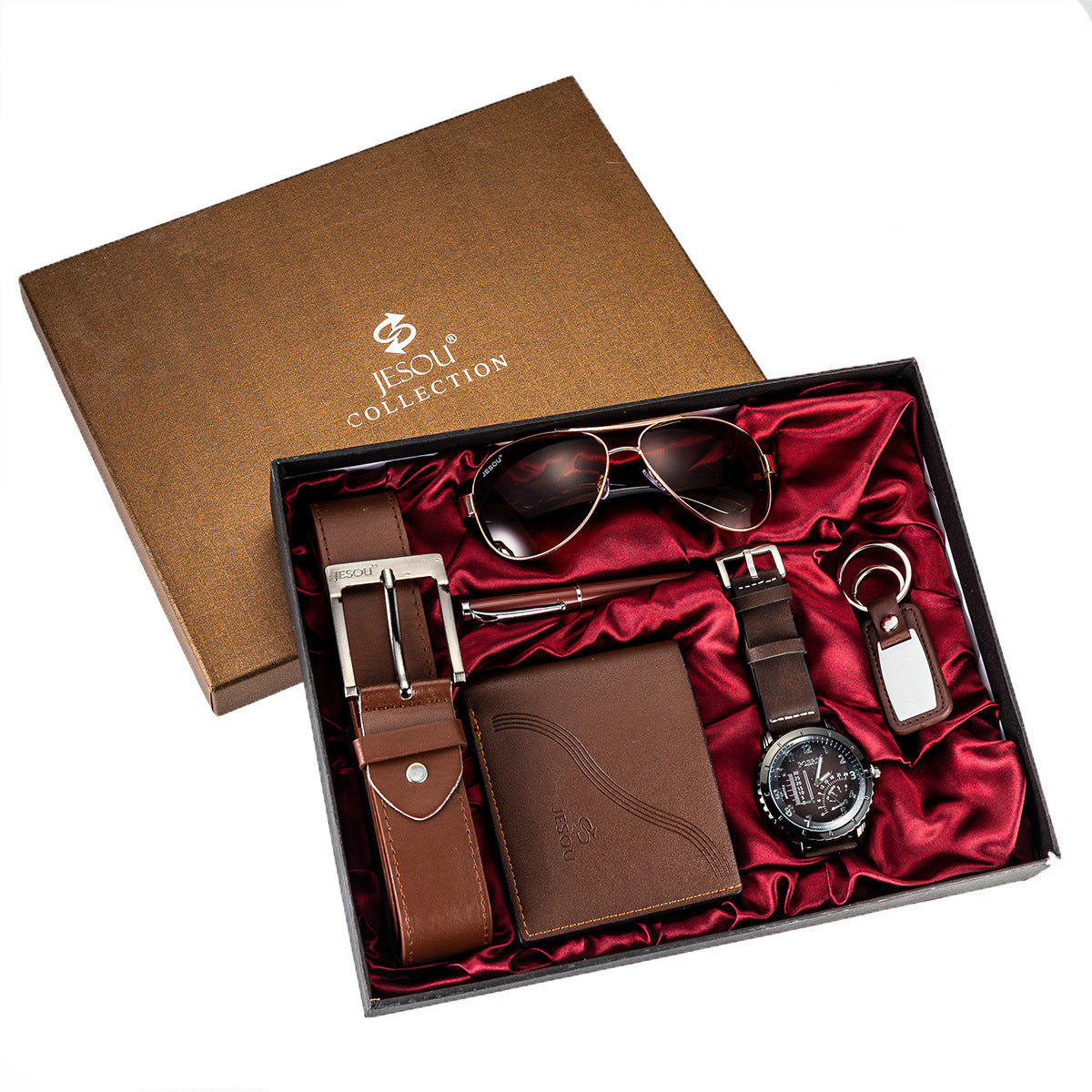 Stylish Men Wrist Watch Wallet Men's Accessory Gift Set featuring a blue dial wristwatch, black wallet, sunglasses, belt, and keychain in a red satin box.