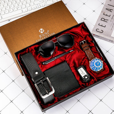 Stylish Men Wrist Watch Wallet Men's Accessory Gift Set featuring a blue dial wristwatch, black wallet, sunglasses, belt, and keychain in a red satin box.