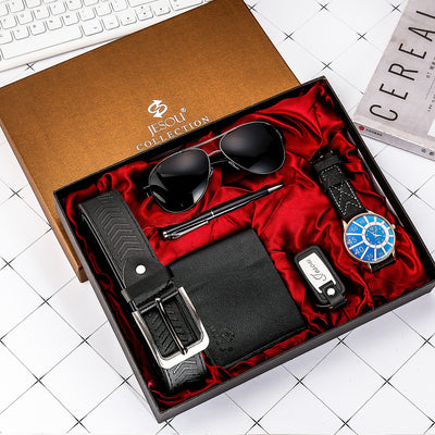 Stylish Men Wrist Watch Wallet Men's Accessory Gift Set featuring a blue dial wristwatch, black wallet, sunglasses, belt, and keychain in a red satin box.