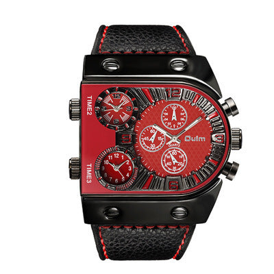 Men's Double Display Watch Men's Quartz Wristwatch in black and orange with triple time zones and textured leather strap. Bold, multifunctional design.