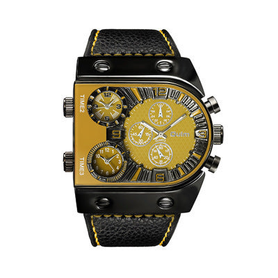 Men's Double Display Watch Men's Quartz Wristwatch in black and orange with triple time zones and textured leather strap. Bold, multifunctional design.