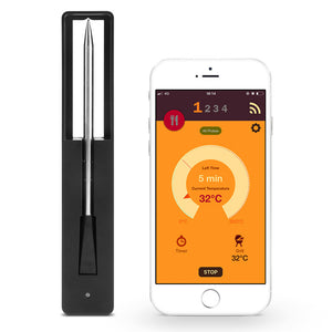Kitchen Food Barbecue Oven Thermometer with sleek black probe and smartphone app displaying grill temperature and timer for precise cooking.