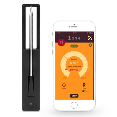 Kitchen Food Barbecue Oven Thermometer with sleek black probe and smartphone app displaying grill temperature and timer for precise cooking.