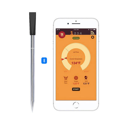 Kitchen Food Barbecue Oven Thermometer with Bluetooth connectivity shown next to smartphone app displaying 134°F cooking temperature.