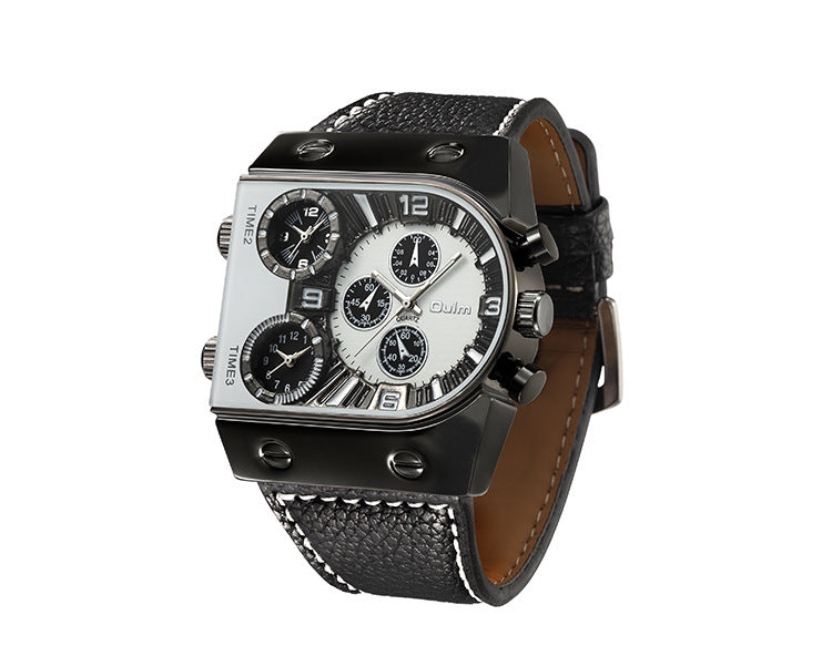 Men's Double Display Watch Men's Quartz Wristwatch in black and orange with triple time zones and textured leather strap. Bold, multifunctional design.