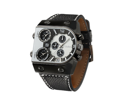 Men's Double Display Watch Men's Quartz Wristwatch in black and orange with triple time zones and textured leather strap. Bold, multifunctional design.