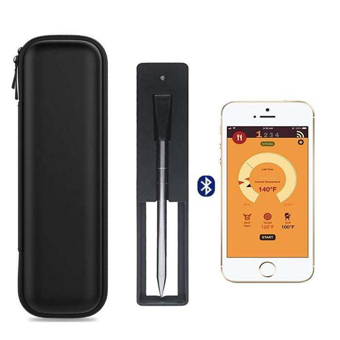 Kitchen Food Barbecue Oven Thermometer with Bluetooth connectivity, black probe, and smartphone app for precise temperature monitoring.
