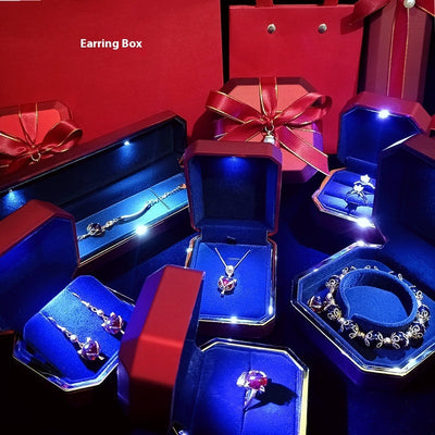 High-end LED gift box jewelry packaging set with illuminated necklace, ring, and wristwatch boxes in elegant white and blue design. Ideal for birthday gifts, proposals, or luxury jewelry presentation.
