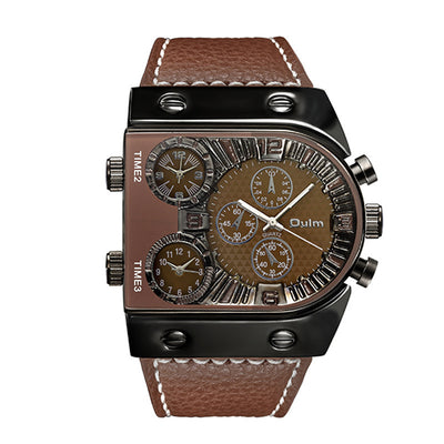 Men's Double Display Watch Men's Quartz Wristwatch in black and orange with triple time zones and textured leather strap. Bold, multifunctional design.